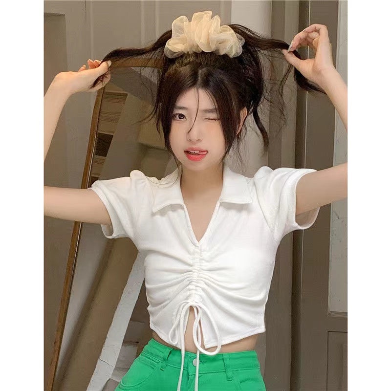 Áo polo Tay Ngắn Phồng Phối Ren Dây Rút Thời Trang Mùa Hè Cho Nữ