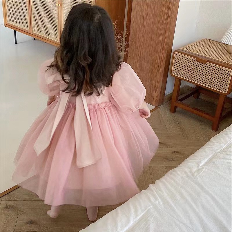 Đầm Công Chúa Tay Phồng Đính Nơ Thời Trang Mùa Hè Cho Bé 1-5 Tuổi