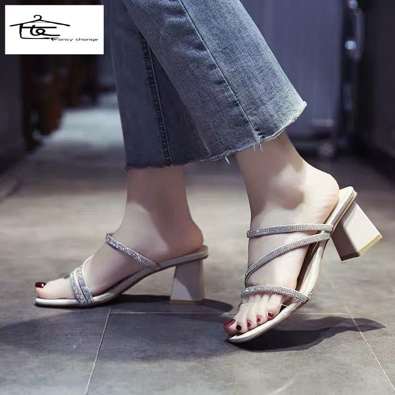 Dép Sandal Cao Gót Mũi Vuông Đính Đá Thời Trang Mùa Hè Cho Nữ