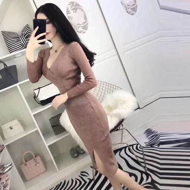 Đầm len nhũ body cổ chéo xẻ đùi | BigBuy360 - bigbuy360.vn