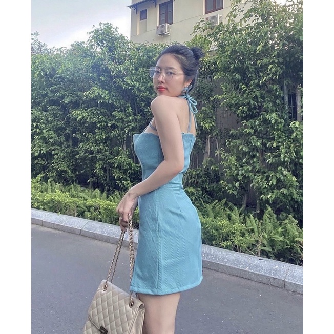 ĐẦM DẠ XANH DÂY CỘT NƠ VAI