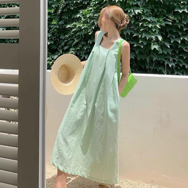 Đầm suông,Váy 2 dây bản to màu xanh ngọc nữ tính chất thô dáng dài