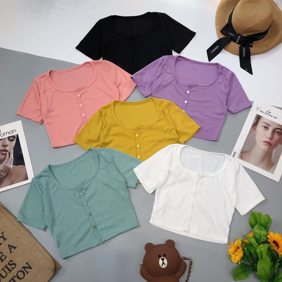 Áo tăm TRƠN croptop CỔ TRÒN cài cúc màu(kèm video,ảnh thật)