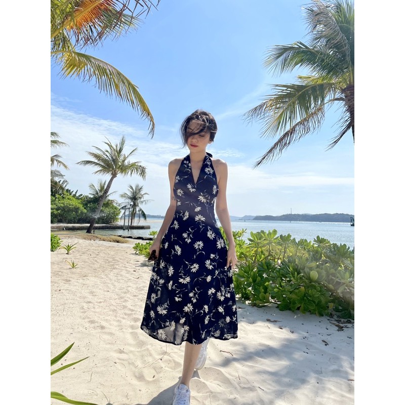 Đầm midi voan xanh hoa trắng