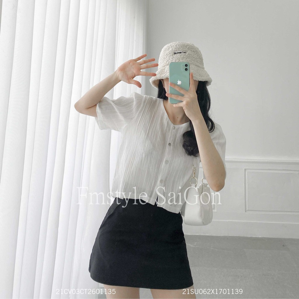 Áo sơ mi tay ngắn 4 nút croptop chít vai ulzzang thời trang nữ VM STYLE 21SU062X1701