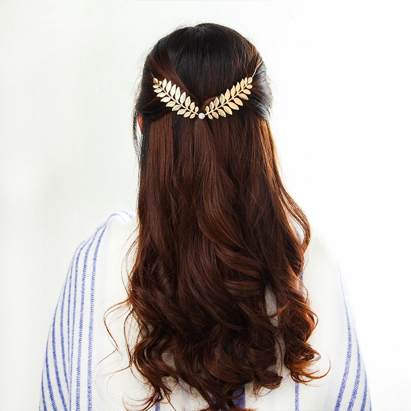 Korean Gold Alloy Leaf Crystal Hairbands,Back Hold Bride Wedding Headwear,Women Fashion Hair Clip