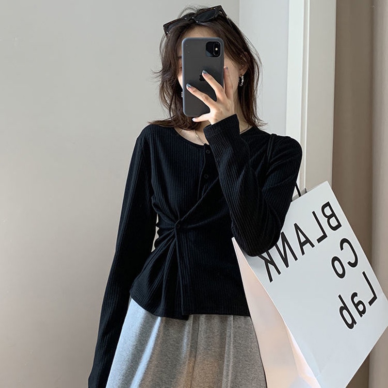 Áo cardigan IELGY dáng ôm vải cotton dệt kim sọc gân tay dài cổ tròn phối nút cài co giãn cho nữ