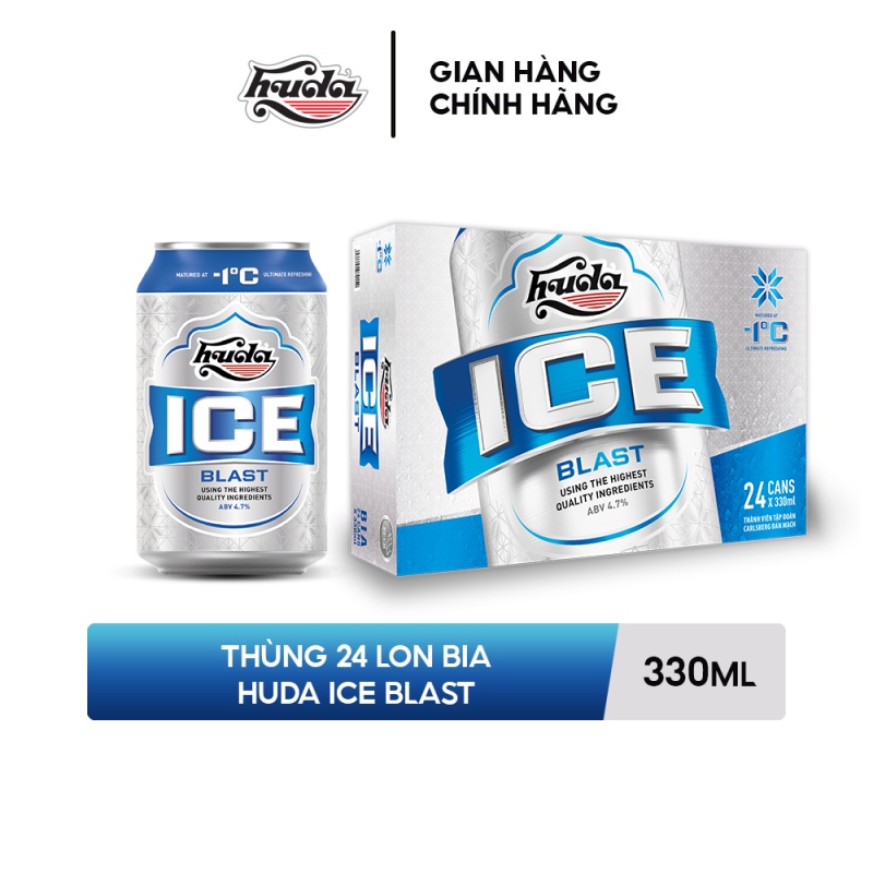 Thùng 24 lon bia Huda Ice Blast (330ml/lon)