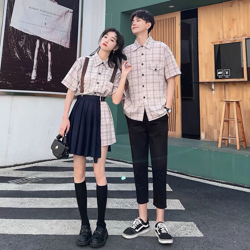 Set đồ đôi áo sơmi kẻ caro/ váy kèm chân váy dạng buộc