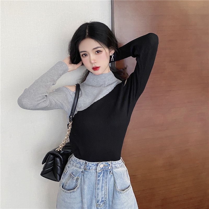 Porozi  Áo dệt kim dài tay hở vai phong cách Hàn Quốc cho nữ