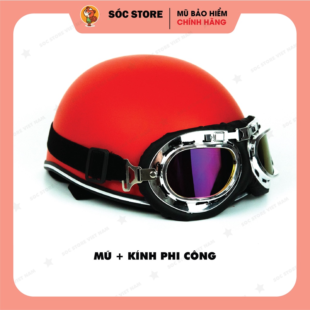 Mũ bảo hiểm nửa đầu chính hãng Sóc Store Vietnam màu đỏ kèm kính UV, kính phi công, nón bảo hiểm 1 phần 2 freesize