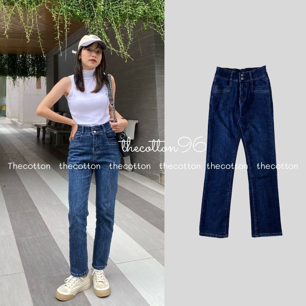 Quần Jean Ống Đứng Nữ 2 Màu Lưng Cao Co Giãn TheCotton Quần Bò Ống Đứng 2 Khuy Nữ ẢNH THẬT