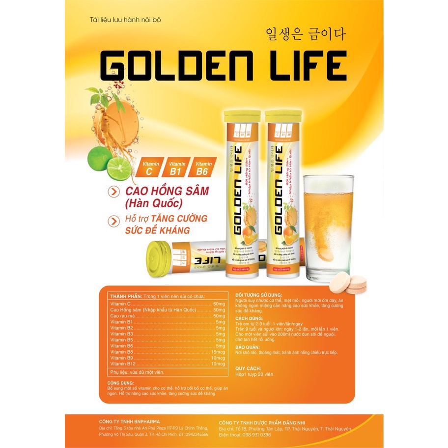 Viên sủi vitamin C - Hồng sâm GOLDEN LIFE Tuýp 20 viên