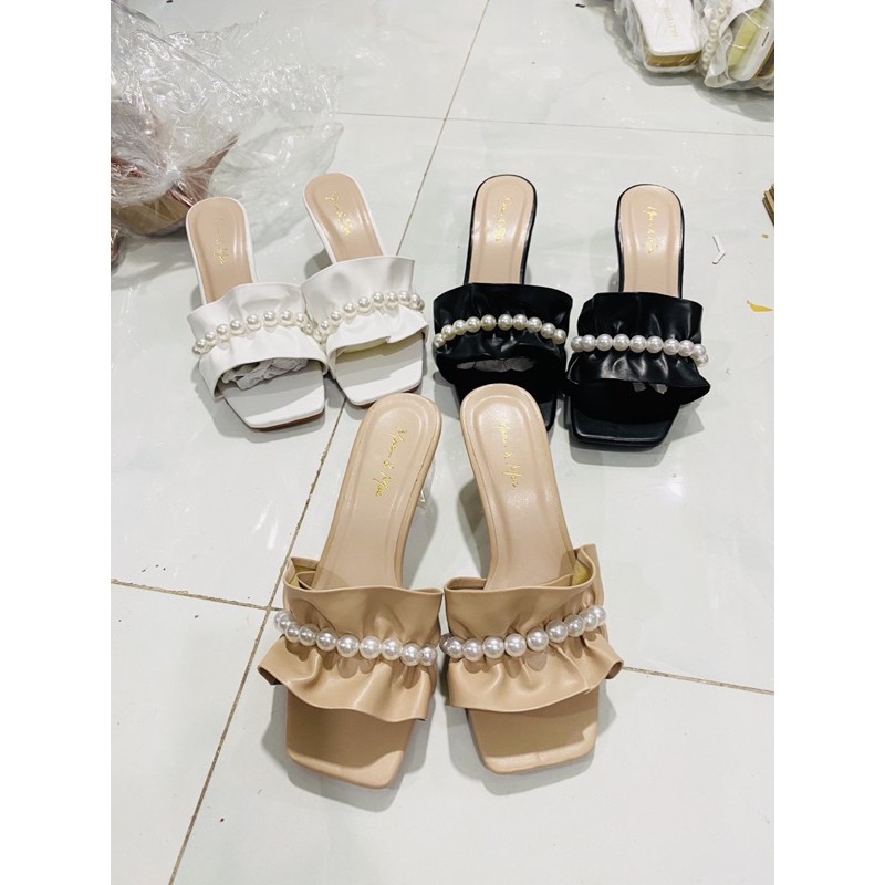 Guốc nữ 5p gót vuông trong suốt bèo nhún nhúm đính ngọc châu đi chơi đi tiệc đi du lịch HALEY STORE