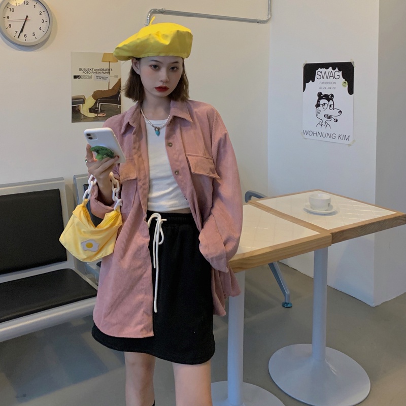 Áo Khoác Nhung Kẻ Dáng Rộng Phong Cách Retro Hàn Quốc Thời Trang Mùa Thu Dành Cho Nữ