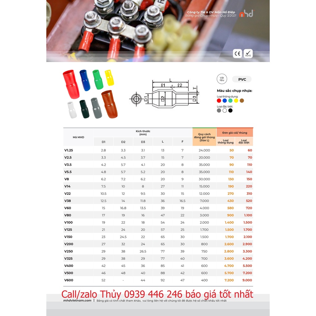 Chụp Nhựa Đầu Cos Đủ Màu MHD V1.25->V22 Size cos 1.5-35 /Giá Bịch