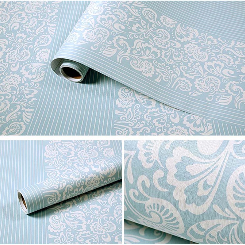 Decal giấy dán tường sọc hoa xanh khổ 60cm keo sẵn bóc dán (giá 1m dài)