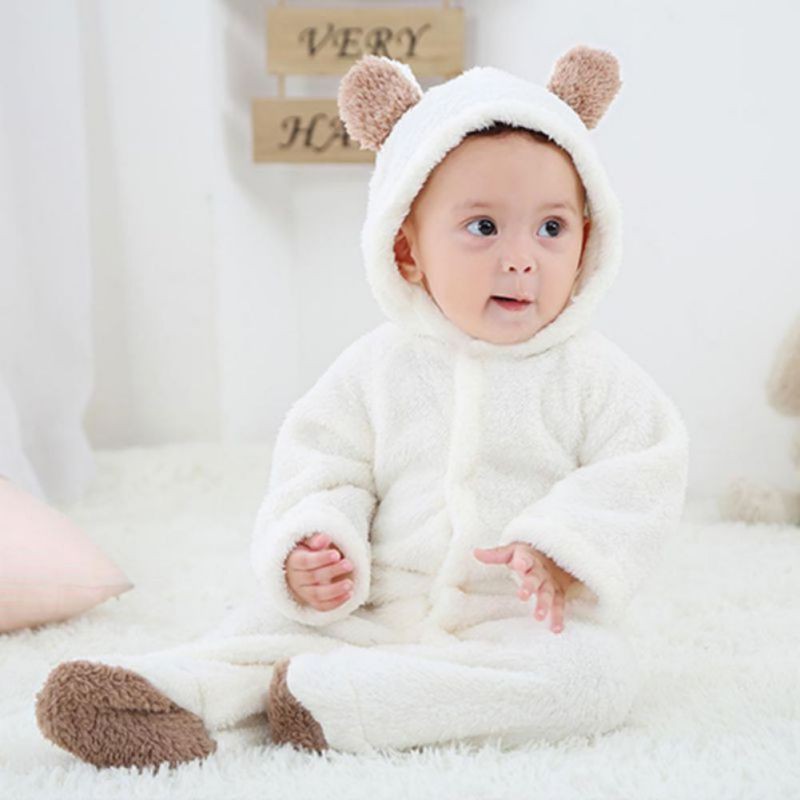 Bộ Áo Liền Quần Bằng Cotton Lông Cừu San Hô Có Nón Cho Bé Sơ Sinh
