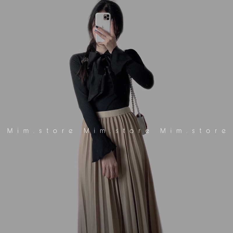 Áo len tăm cổ nơ voan điệu đà sang chảnh, áo sơ mi cổ nơ voan