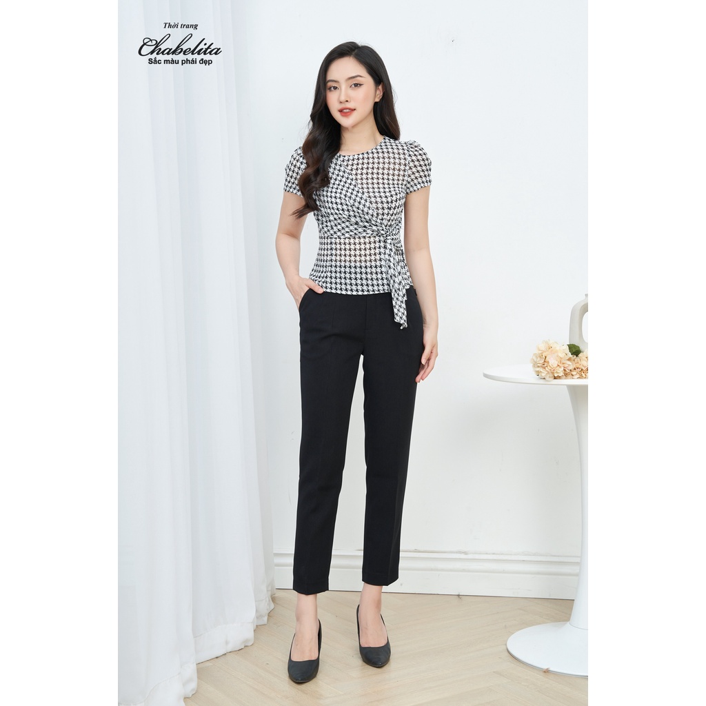 Áo sơ mi họa tiết caro kẻ trắng đen thanh lịch sang trọng- Chabelita