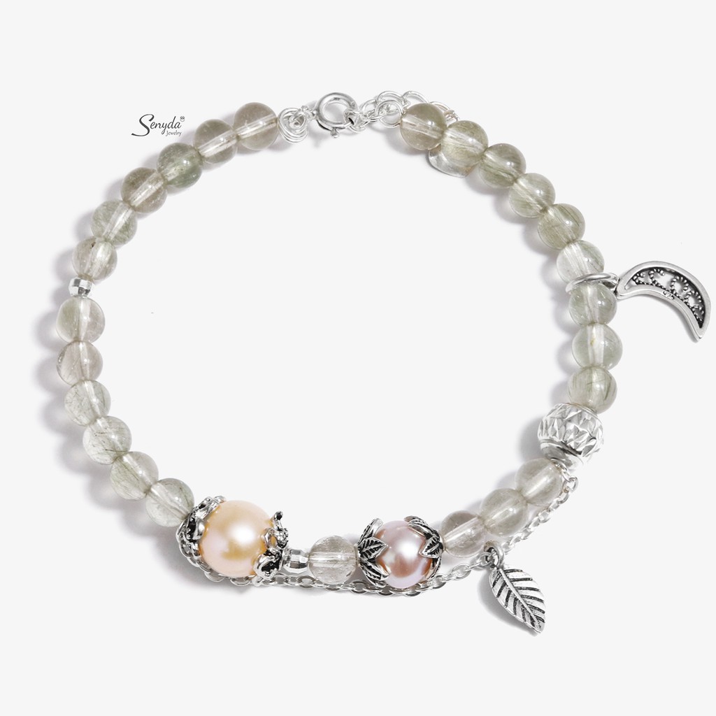Trang sức Vòng tay BẠC 925 SENYDA Quartz tóc mix hột nước ngọt mặt trăng lá VT127