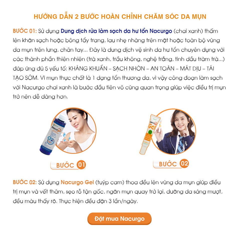 Dung dịch rửa, làm sạch da hư tổn Nacurgo và Nacurgo Gel