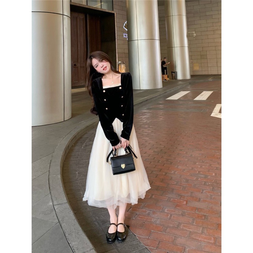 [Hàng l1]Set áo nhung cổ vuông mix chân váy lưới xoè phong cách tiểu thư siêu xinh siêu xinh sẵn hàng | BigBuy360 - bigbuy360.vn