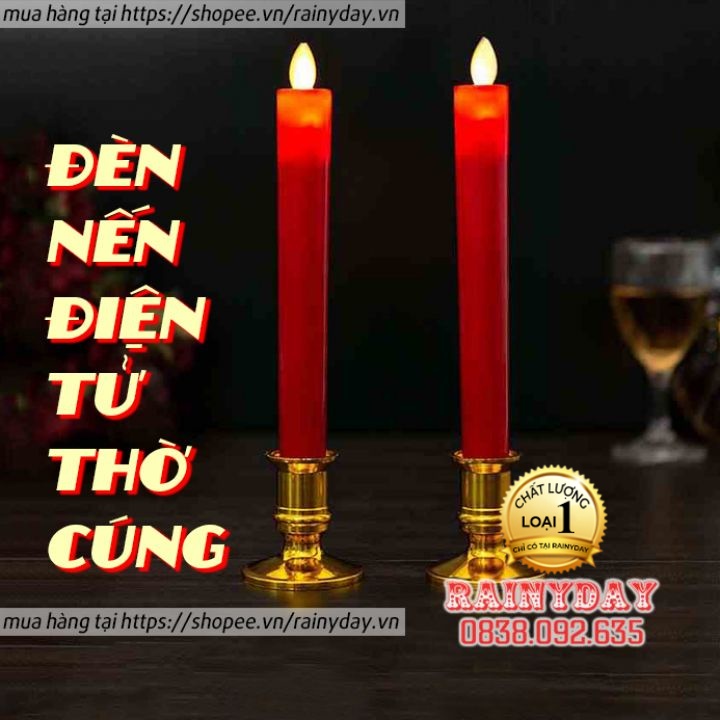 Bộ 2 nến điện tử ban thờ, đèn nến điện tử trang trí bàn thờ để thờ cúng dùng pin tim lắc có chân đế