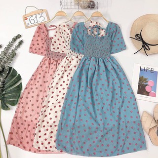 Đầm maxi voan bi, tay loe