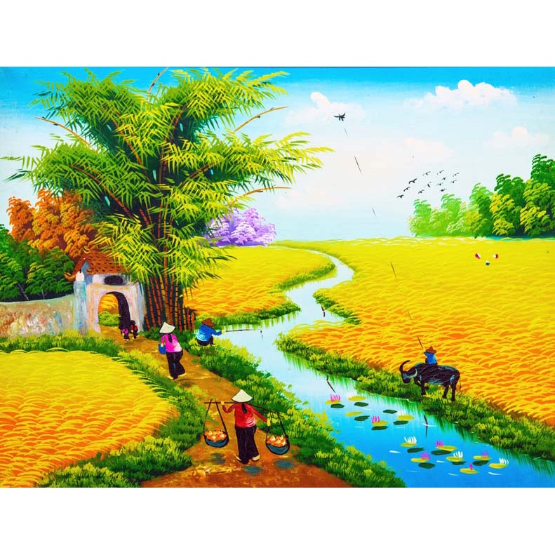 Tranh Đồng Quê Vải Lụa 3D Dán Tường Cao Cấp KÈM DỤNG CỤ DÁN ĐƠN GIẢN DỄ LÀM