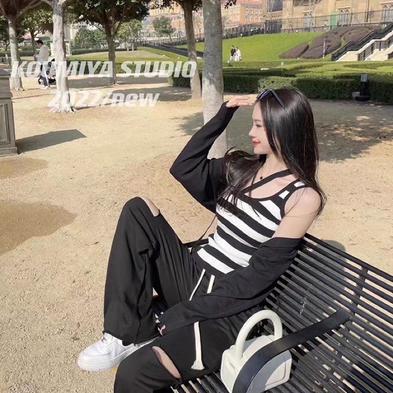 set áo len dệt kim kiểu sọc kẻ ngang phối khoác lửng (3290#)