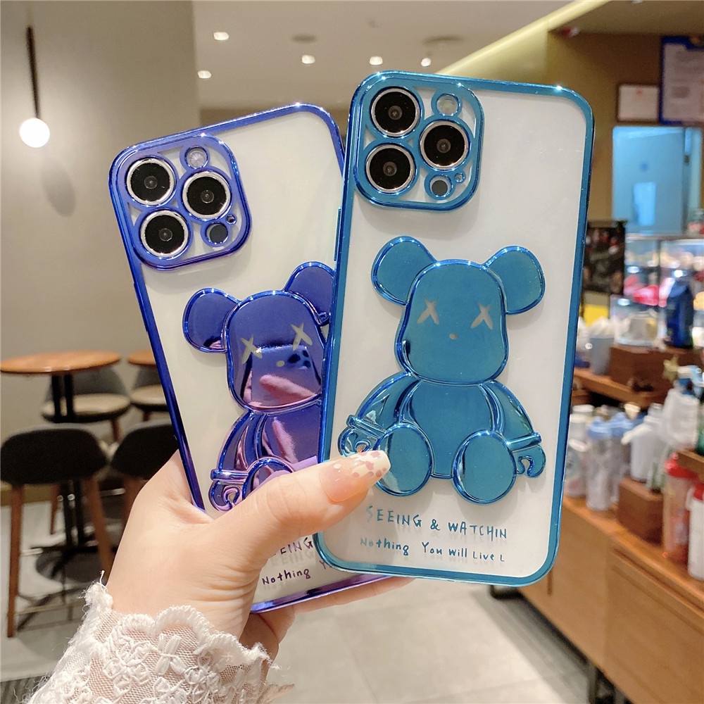 Ốp điện thoại mềm trong suốt màu trơn in hình gấu hoạt hình cho iPhone 13 Pro Max 12 Pro Max