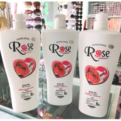 Sữa tắm dê Rose 8x cao cấp với tinh chất hoa hồng giúp làm sáng, mịn da chai khổng lồ 1200ml SKKH