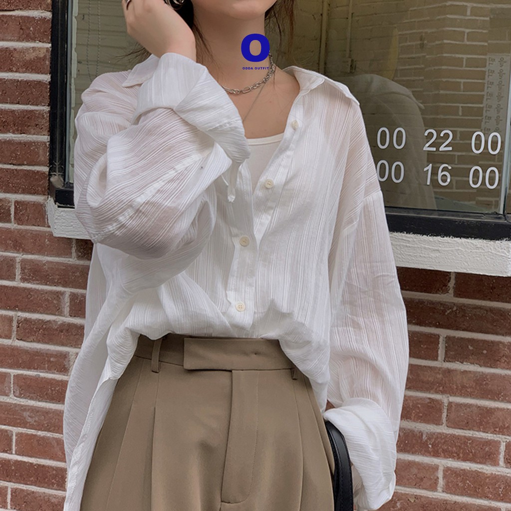 ODDA OUTFIT / Áo sơ mi trắng có gân sọc đơn giản dễ phối, áo sơ mi phong cách tối giản.