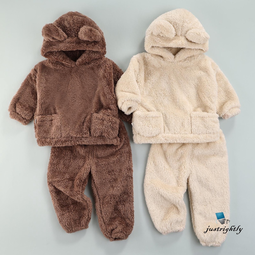 Bộ đồ ngủ 2 món gồm áo hoodie tay dài và quần dài bằng vải lông cừu thời trang mùa đông cho bé 1-6 tuổi
