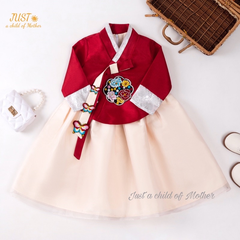 Váy Hanbok bé gái Kkoch Jasu, Hàn phục thêu hoa,Vải Tafta lụa phủ voan, dáng dài Size 1-10 tuổi
