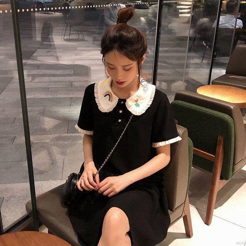 Đầm Ngắn Tay Cổ Búp Bê Thêu Họa Tiết Xinh Xắn Theo Phong Cách Hàn Quốc