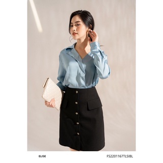 Áo sơ mi lụa xanh kẻ cổ lệch thiết kế Elise FS2201167TLSIBL