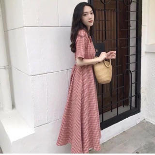 Váy kẻ caro dáng vintage có dây thắt eo