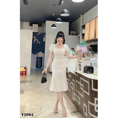 Đầm tiểu thư dáng dài dự tiệc, đầm cổ vuông tay phồng hàn quốc có mút tôn dáng cực đẹp