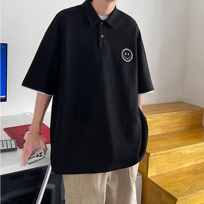 áo thun nam có cổ phong cách Hàn Quốc áo polo unisex đơn sắc áo polo tiếng Nhật đen áo thun thể thao bông Áo Mùa Hè Nam