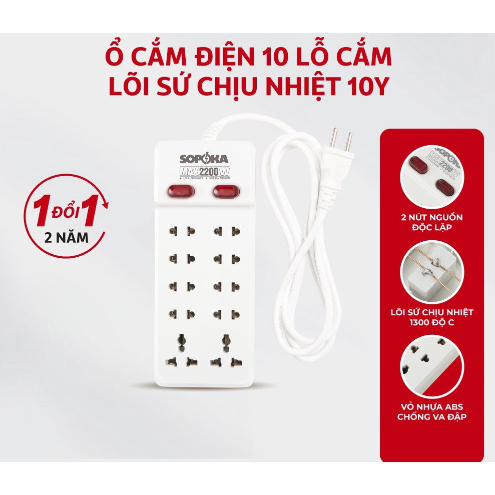 ✅ Ổ Cắm Điện SOPOKA 10Y Chịu Nhiệt Gồm 10 Lỗ Cắm & Chống Va Đập