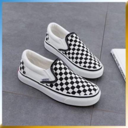 SẴN Giày Lười Nam Nữ - Giày Thể Thao Slip On Vans Caro kẻ sọc đen trắng cá tính, đế êm lót da Cao Cấp D18 HOT FREESHIP ,
