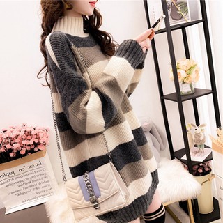 Áo Len Cao Cổ Kẻ Ngang Bản To Áo Len Thu Động Dáng Rộng Style Hàn Quốc