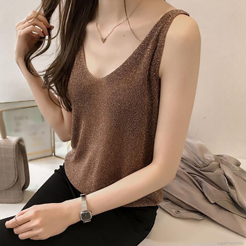 Áo Tank Top cổ chữ V dáng rộng đính kim sa lấp lánh cho nữ