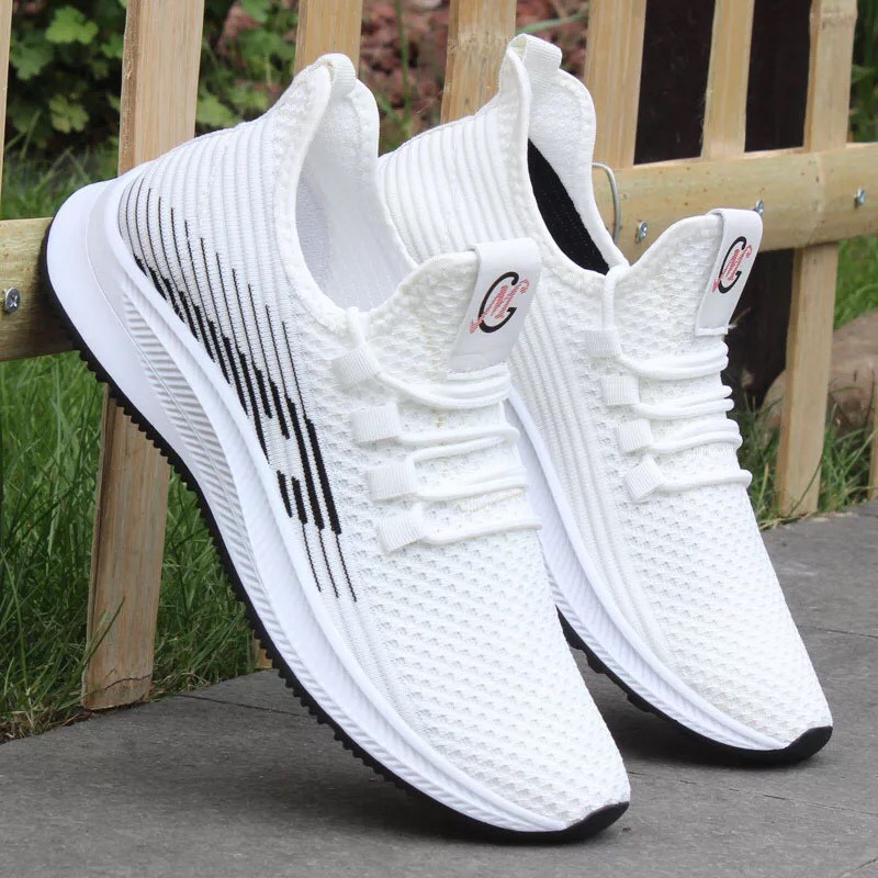 Giày sneaker thể thao rẻ đẹp nam nữ vải dệt kim cao cấp màu trắng thoáng khí êm nhẹ hot 2020 BOM-001T