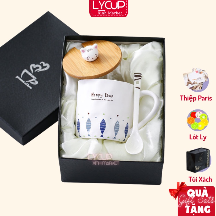 Cốc Gốm Sứ Happy Days Nắp Gỗ 400ml Chất Lượng Cao