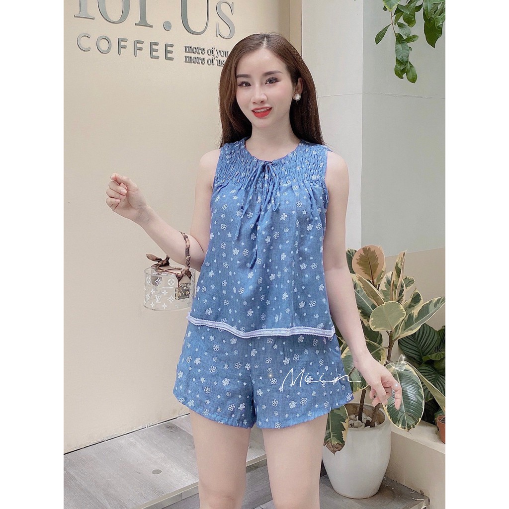 Set bộ đồ ở nhà hoa nhí chun tay màu xanh trời