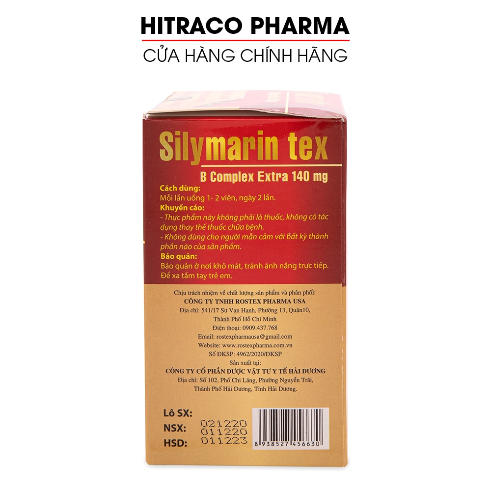 Viên uống Silymarin Tex hỗ trợ giải độc gan, mát gan, tăng cường chức năng gan Hộp 100 viên [Silymarin Tex Đỏ]