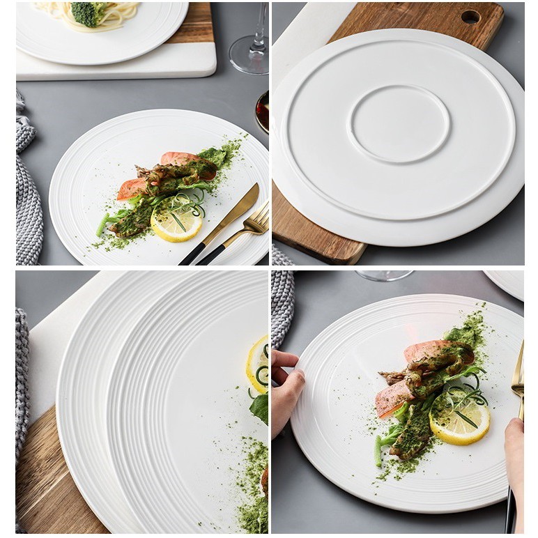 Đĩa sứ trắng phẳng vân nổi cao cấp bày bít tết miệng 26,8 cm cho nhà hàng